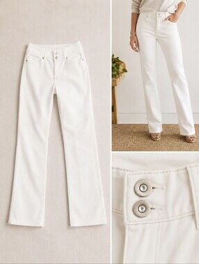 Boston Proper Ivory Straight Leg Jeans Crystal Double Button Stretch 4